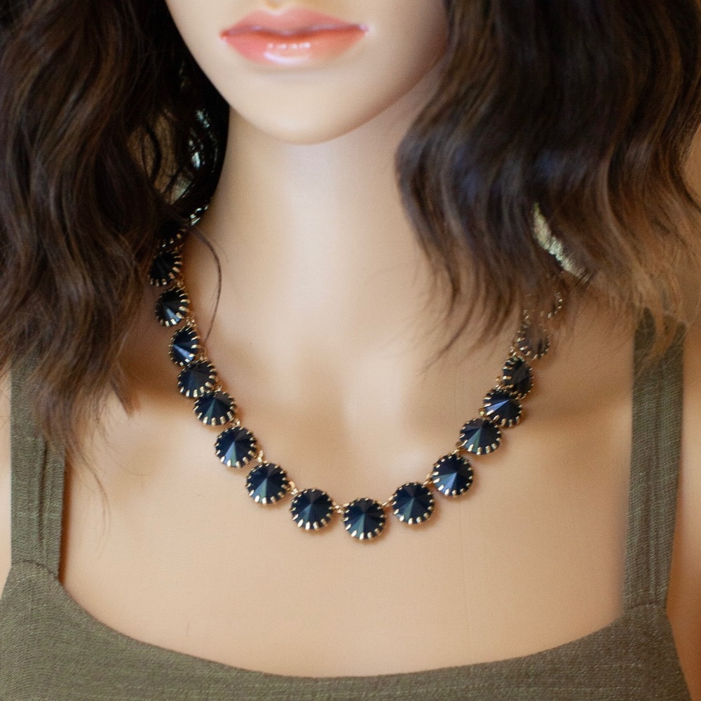 J.Crew Navy Blue Faceted Crystal Statement Necklace Gold Tone Brass 21" Logo Tag